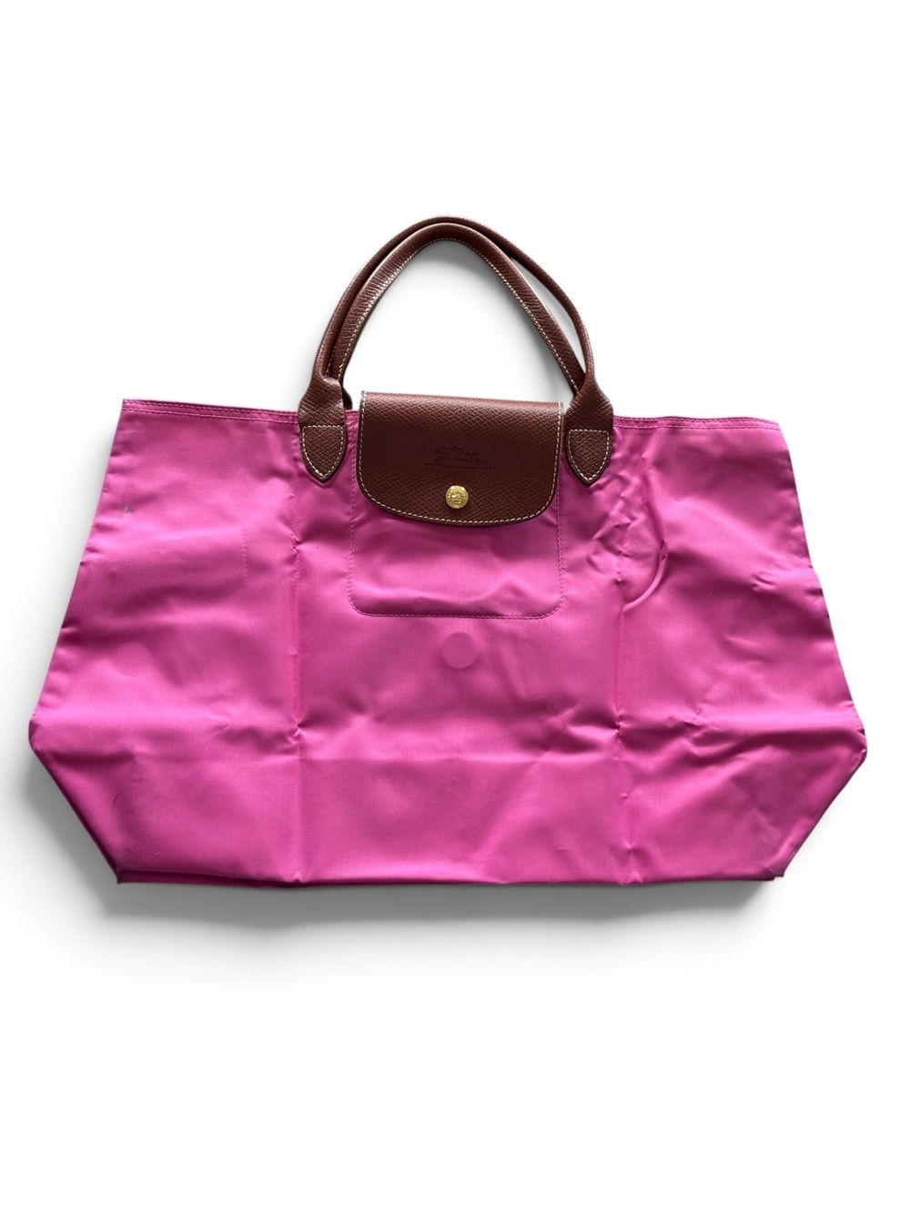 Longchamp Le Pliage Pink Tote Bag with Brown Trim - Lightweight Everyday Tote
